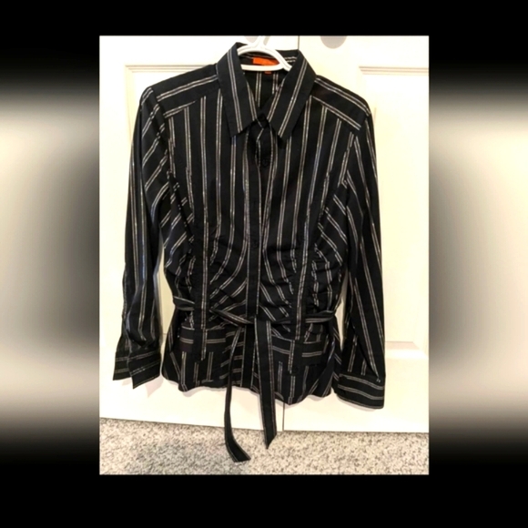 NWOT Women's Black & Silver Button Down Blouse with Matching Fabric Tie - Picture 1 of 4